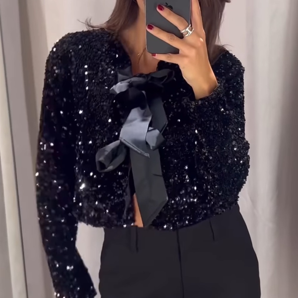 H&M Tie- Front sequined jacket black NWT